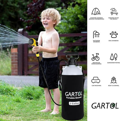 GARTOL 2 Gallon Portable Shower with Handheld showerhead, Silicone Bath Massage Brush, and thermal insulation bag, High-Pressure Camping Shower, Surf Shower, Dog Shower, Camp shower Sprayer