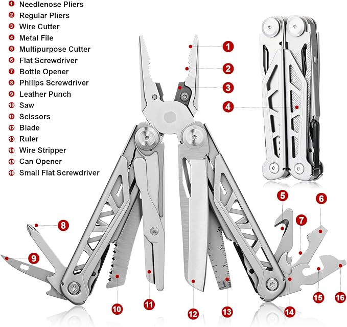 FLYHOMES Multitool Pocket Knife, 16-in-1 Multi tool Pliers with Safety Locking, Scissors, Screwdriver and Saw, Professional for Camping, Survival Tools, and Outdoor Adventures