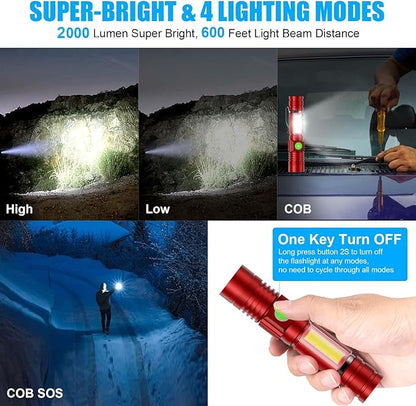 Flashlight USB Rechargeable, Magnetic LED Flashlight, Super Bright LED Tactical Flashlight with Cob Sidelight, 2000LM, Waterproof, Zoomable Best Small LED Flashlight for Camping, Emergency -Red