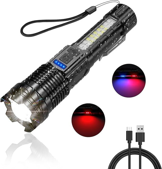 Rechargeable Flashlight high lumens with Clip Waterproof Police Flashlights, Zoomable Beam LED Flash Light with 7 Modes and SOS for Emergencies, Home, Camping, Hiking, Pet Walking (Black)