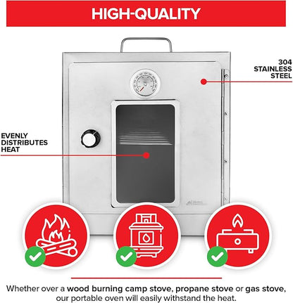 Modern Innovations Portable Camping Oven, Folding Camping Stove for Baking Cinnamon Rolls, Breads, and Muffins, Outdoor Portable Oven for Use with Wood Burning Fire, Propane Stoves, Campers, and More