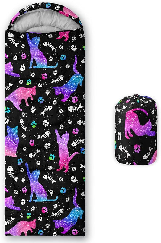 Starry Cat Camping Sleeping Bags,3 Season Warm & Cool Weather,Lightweight Waterproof Sleeping Bags for Adults & Kids,Traveling and Outdoors,Camping Gear Equipment,31x90inch