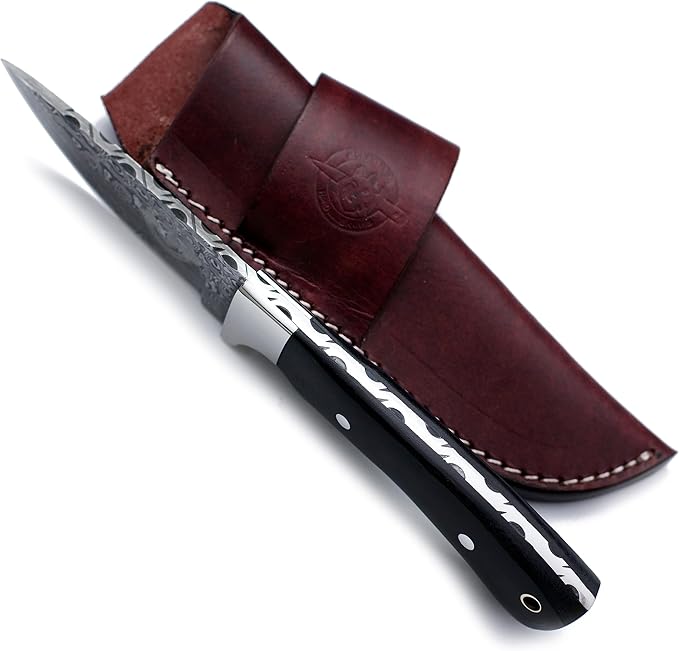Handmade Damascus Steel Knife for Hunting, Survival,Camping,Bushcraft,and Fishing- Fixed Blade Dagger with Drop Point Full Tang Micarta Handle, Leather Sheath - WKD-802