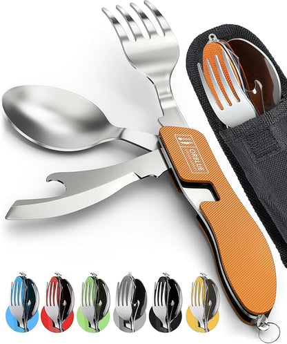 Orblue 4-in-1 Camping Utensils, 2-Pack - Portable Stainless Steel Spoon, Fork, Knife & Bottle Opener Combo Set - Travel, Backpacking Cutlery Multitool, Orange