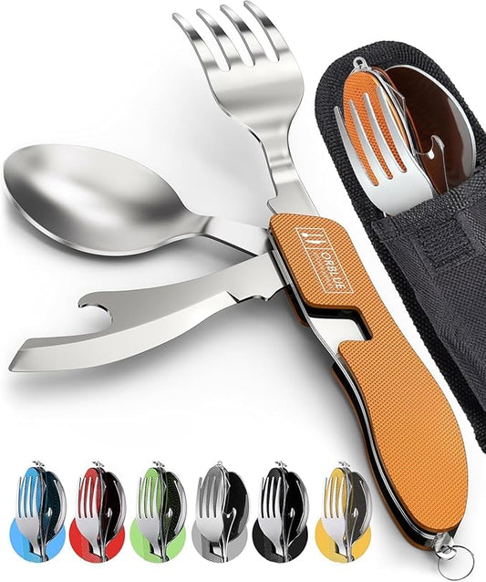 Orblue 4-in-1 Camping Utensils, 2-Pack - Portable Stainless Steel Spoon, Fork, Knife & Bottle Opener Combo Set - Travel, Backpacking Cutlery Multitool, Orange
