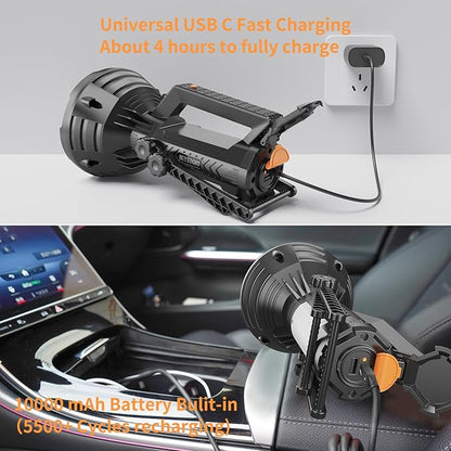 BUYSIGHT Rechargeable Spotlight Flashlight, 1000,000 lumens 600 Yards Range IP65 Waterproof Spot Lights Handheld Large searchlight with red Lens Side Flood Light Light USB C Recharge (Black Plus)