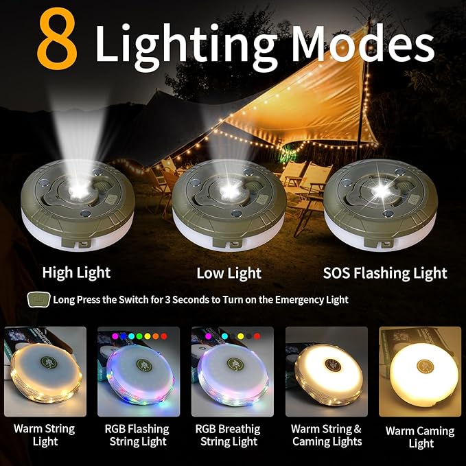 Camping String Lights 2 in 1 RGB & Warm String Lights 8 Lighting Modes Rechargeable String Lights Portable Camping Lights Camping Lantern Flashlight for Camping/Emergency/Outdoor/Indoor