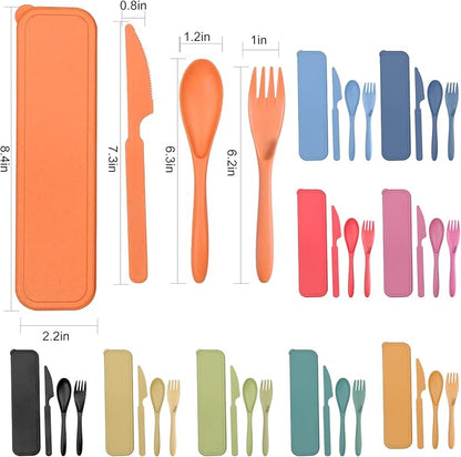 Reusable Travel Utensils Set with Case, 6 Sets Wheat Straw Portable Plastic Fork Spoons Knife Camping Cutlery, Eco-Friendly BPA Free Lunch Tableware Travel Picnic Utensils for Kids Adults Daily Use