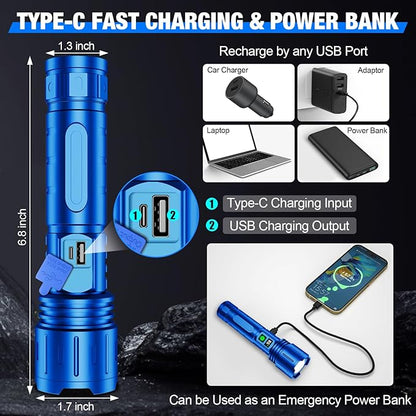 Flashlights High Lumens Rechargeable, 100000 Lumens Super Bright LED Powerful Flashlight, Type-C, 5 Modes, Zoomable, IPX5 Waterproof High Powered Tactical Flash Light for Emergency Camping,Blue