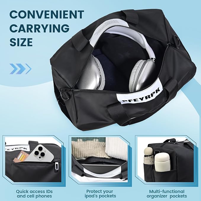 Lightweight Gym Bag for Man Women,Water Resistant Duffle Bag for Travel with Wet Pocket,Wear-resistant Weekender Overnight Duffel Bag,Travel Bag Easy to Clean Tote bag for women(Black)
