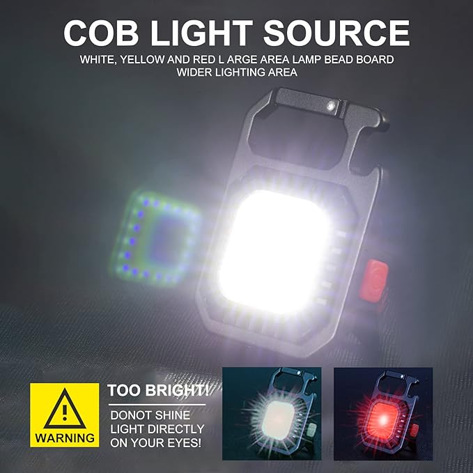 2 Pack Led Keychain Flashlight,1000lumens Rechargeable Cob Waterproof Portable Led Work Light，5 Light Modes Pocket Light with Battery Display As Bottle Opener and Magnet Base for Walking and Camping