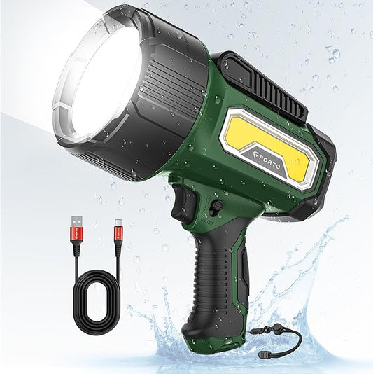 FORTO Rechargeable Spotlight Flashlight with 2000 Lumens, Handheld Spotlight with Foldable Stand, 6 Light Modes IPX7 Waterproof LED Spot Lights Outdoor for Boating Hunting Hiking(Dark Green)