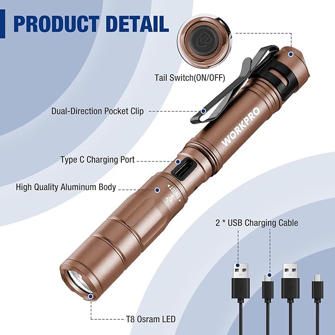 WORKPRO Rechargeable Pen Light, Mini Flashlight, 2 Pack Ultra-Compact EDC Flashlight, Pocket Flashlight with Clip, Memory Function and 2 x USB C Cable Included, Brown