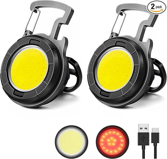SEFONE 2 Pack Cob Keychain Work Light, 1000 Lumens Keychain Light with 4 Modes, Mini Keychain Flashlights Led Emergency Light, Pocket Light with Magnet Bracket Folding for Biking Fishing Running