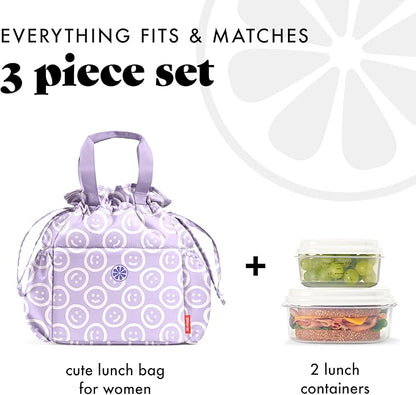 Fit & Fresh Lunch Bag For Women, Insulated Womens Lunch Bag For Work, Stain-Resistant Large Lunch Box For Women With Containers, Cinch Closure Cromwell Bag, All Smiles Lavender