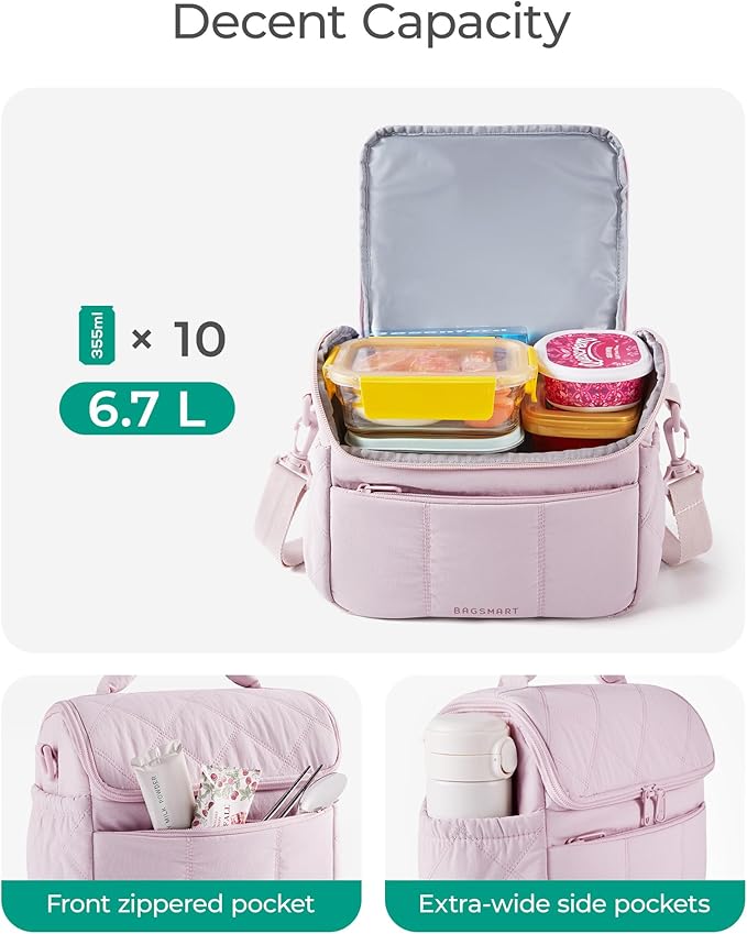 BAGSMART Insulated Lunch Bags for Women, Cute Quilted Lunch Box, Lightweight Puffy Padded Waterproof Lunch Tote, Reusable Lunch Cooler for Work Picnic Travel, Black
