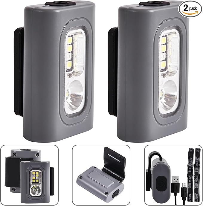 Rechargeable Running Light, 2Pack Waterproof LED Clip-On Light for Runners with 6 Lighting Modes, Reflective Running Gear for Hiking, Running, Biking, Walking Dog, Car Repair, Emergency (Grey)