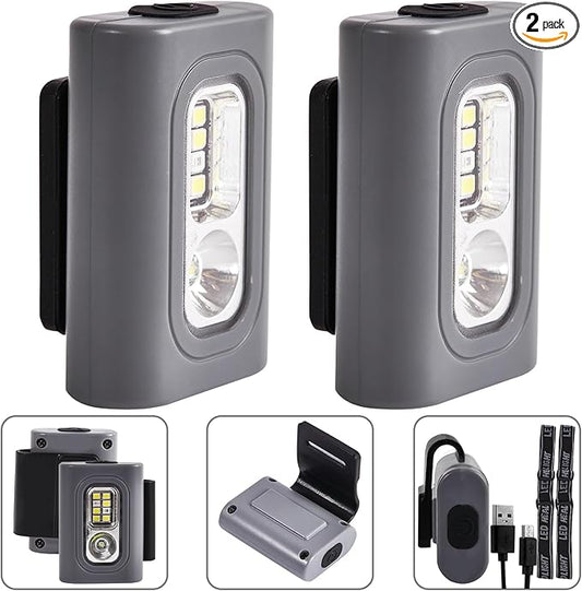 Rechargeable Running Light, 2Pack Waterproof LED Clip-On Light for Runners with 6 Lighting Modes, Reflective Running Gear for Hiking, Running, Biking, Walking Dog, Car Repair, Emergency (Grey)