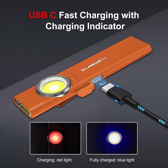 klarus E5 Pocket Flashlight, Rechargeable EDC Flashlight, Super Slim Flat 4.2x1x0.3inch, 470 Lumens, USB-C Port, IPX4, Dual Light Source with Magnetic Base, Hat & Clothes Clip - Orange