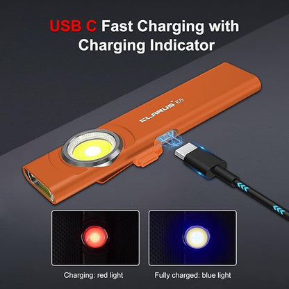 klarus E5 Pocket Flashlight, Rechargeable EDC Flashlight, Super Slim Flat 4.2x1x0.3inch, 470 Lumens, USB-C Port, IPX4, Dual Light Source with Magnetic Base, Hat & Clothes Clip - Orange