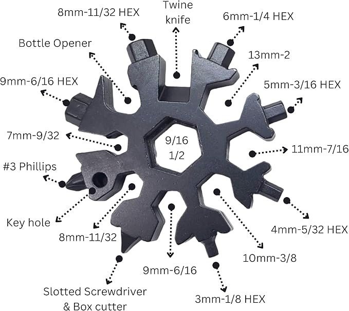18 In 1 Snowflake Multi Tool, Stainless Steel Screwdriver, Hex Wrench, Bottle Opener, Bike Tool Kit, Pocket Multitool, Bicycle Tool Kit, Bike Multitool ideal gift for Dad, Men, gift on Father's day