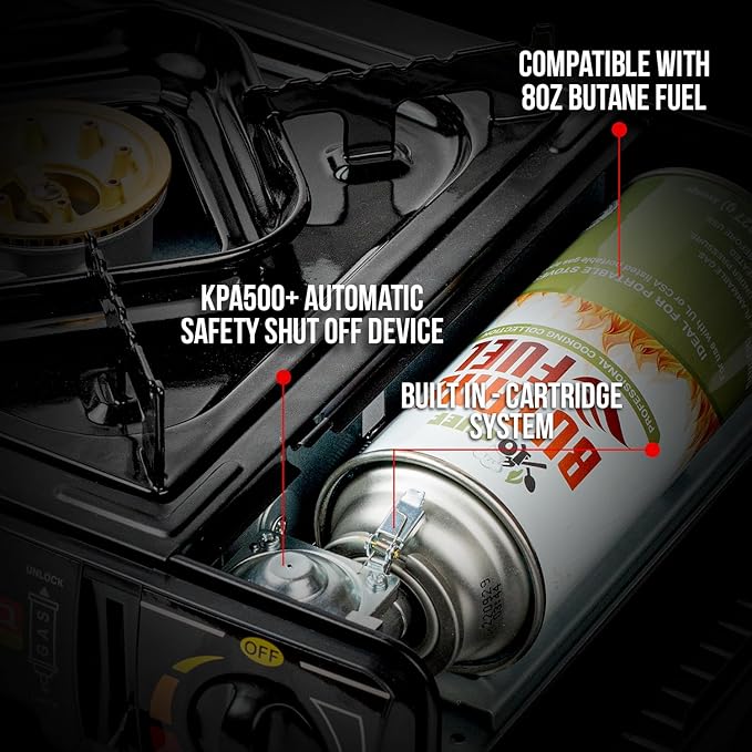 Jo Chef Butane Camping Stove - 9,500 BTU Portable Gas Stove - Ideal for Camping/Road Trips, Outdoor camp Stove Includes Windshield, CSA Certified, Brass Burner Fast Heat Up Time