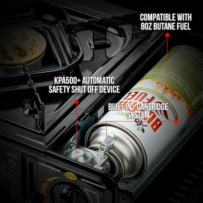 Jo Chef Butane Camping Stove - 9,500 BTU Portable Gas Stove - Ideal for Camping/Road Trips, Outdoor camp Stove Includes Windshield, CSA Certified, Brass Burner Fast Heat Up Time