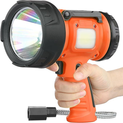 Rechargeable Spotlight Flashlight with 1000,000 Lumen LED, IP65 Waterproof Searchlight Handheld Work Light with Foldable Stand and Red Lens- Orange