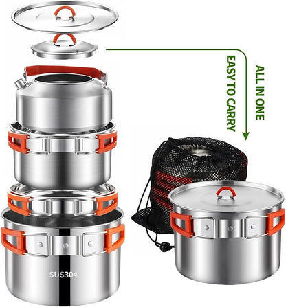 Camping Cookware Set,Camping Cooking Set,304 Stainless Steel Camping Pots and Pans Set,Camping Gear for Hiking Outdoor Cooking Picnics for 2-4 People