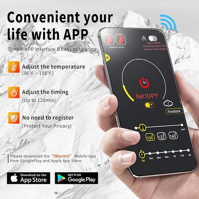 Heated Socks for Men Women, 5000mAh APP Control Battery Heated Socks Rechargeable Washable, Electric Socks Foot Warmer for Hiking Biking Camping Skiing Hunting Outdoor Work, Heating Socks