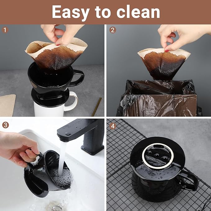 Segarty Pour Over Coffee Dripper Set, Single Cup Black Ceramic Coffee Maker with 200PCS Size #2 Cone Coffee Filter Paper, Slow Brewed Drip Pourover Coffee Brewer for Home Office Travel Camping