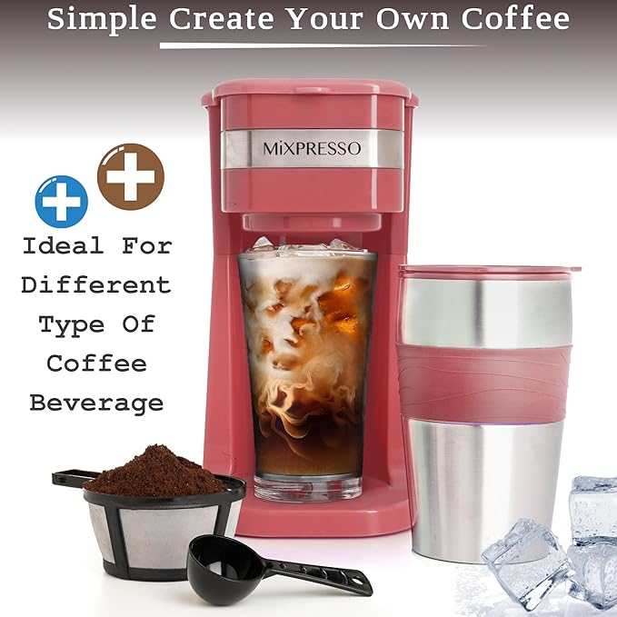 Mixpresso Personal Single-Serve Coffee Maker & 14oz Travel Mug, Drip Small Tumbler With Auto Shut Off & Reusable Filter, Red, Compatible With Coffee Grounds