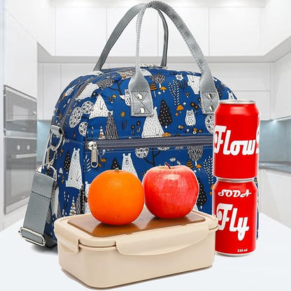 FlowFly Insulated Lunch Bag With Shoulder Strap for Women, Men, and Kids, Large and Reusable, Handle, Freezable Work and School Travel Tote and Meal Prep Organizer,Owl