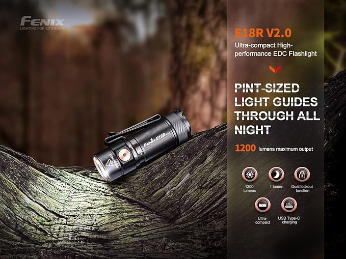 Fenix E18R V2.0 EDC Flashlight, 1200 Lumens USB-C Rechargeable Ultra Compact Pocket Light with Lumentac Organizer (Black)