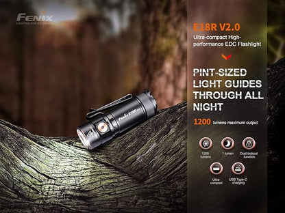 Fenix E18R V2.0 EDC Flashlight, 1200 Lumens USB-C Rechargeable Ultra Compact Pocket Light with Lumentac Organizer (Black)