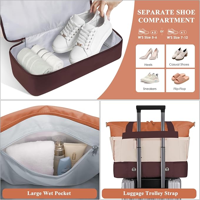 ETRONIK Gym Bag for Women, Travel Duffel Bag with USB Charging Port, Weekender Overnight Bag with Wet Pocket and Shoes Compartment for Women, Travel, Gym, Yoga (Brown/Khaki/Orange)