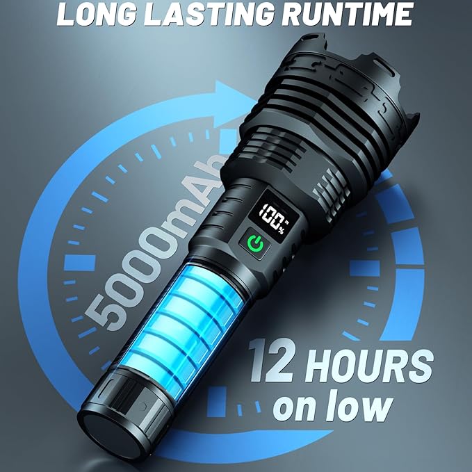 Rechargeable Flashlights High Lumens LED: 990,000 Lumens Bright Powerful Tactical Flash Light with Magnetic Base, Digital Display, 5 Modes, IPX6 Waterproof Torch for Camping Emergencies