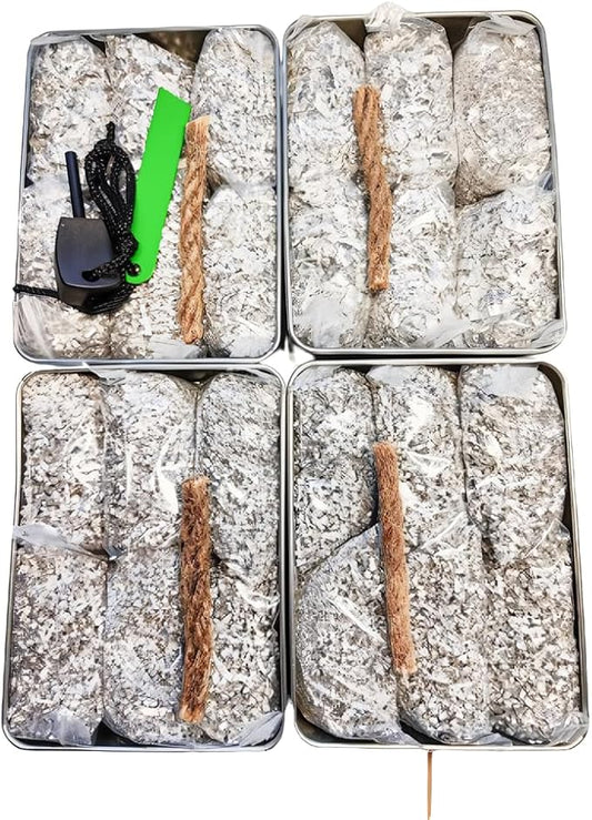 Emergency Fire Starter Magnesium 6 Bags Wax Infused Jute Rope Ferro Rod Striker Saw Wire for Camping Hiking Bushcraft Hurricane + Tin Container