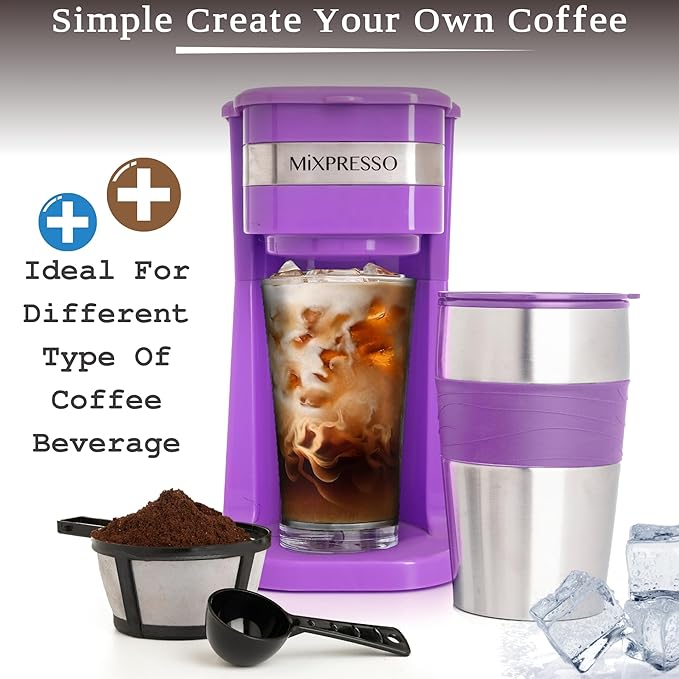 Mixpresso Personal Single-Serve Coffee Maker & 14oz Travel Mug, Drip Coffee Brewer & Tumbler, Auto Shut Off & Reusable Filter, Purple Coffee Maker Compatible with Coffee Grounds