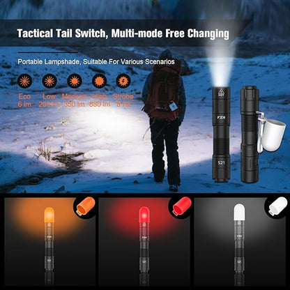 FZH S21 Rechargeable LED Flashlight 880 Lumen Mini EDC Tail Switch Flashlight (Powered by USB Rechargeable Battery), Slim Pocket Flash Light with On/Off Locking Mode for Camping, Outdoor, Emergency