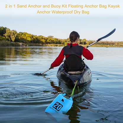 2 Set 20L Sand Anchor Heavy Duty Buoy Kit 2 in 1 Kayak Anchor Floating Waterproof Dry Bag with High Visibility Float Rope for Lake Beach Boat Hiking Camping Water Sports Surfing Kayaking(Sky Blue)