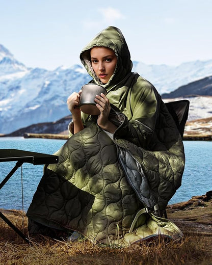 Sleeping Bag for Adult, Wearable Blanket Insulated Poncho Hooded, Sleepingbag Quilt for Winter Camping Hiking Sports