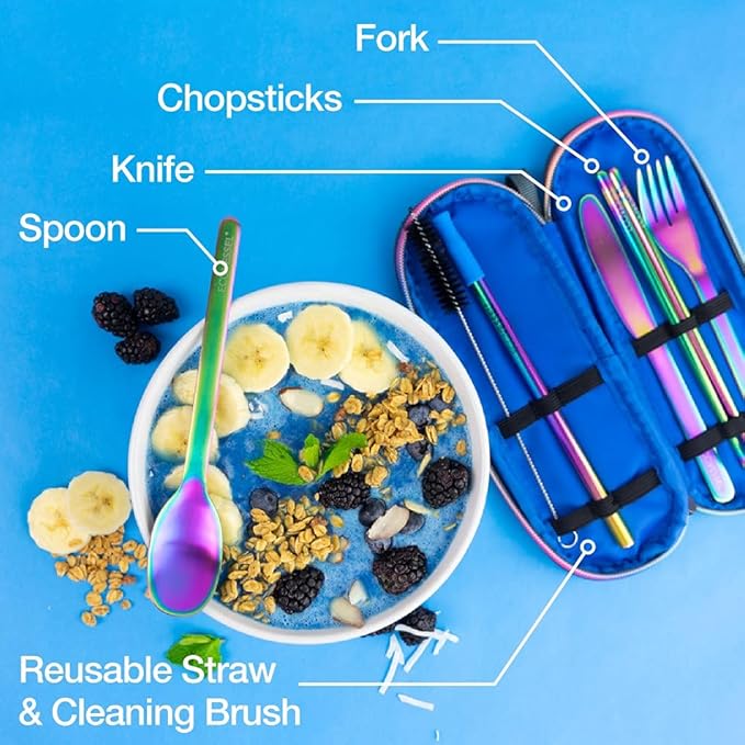 EcoVessel WANDERWARE Stainless Steel Utensils Set, Reusable Cutlery Set with Carry Case Camping Accessories, Travel Utensils With Case – 6 Pcs (Rainbow)
