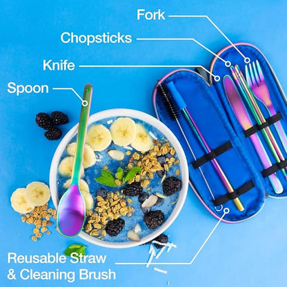 EcoVessel WANDERWARE Stainless Steel Utensils Set, Reusable Cutlery Set with Carry Case Camping Accessories, Travel Utensils With Case – 6 Pcs (Rainbow)