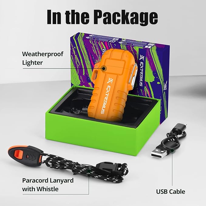 Extremus Blaze 360 Rechargeable Electric Lighters, Dual Arc Lighter, Windproof Plasma Lighter, Waterproof Lighter, Flameless Lighter with Whistle Lanyard for Camping (Orange Flashlight)
