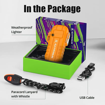 Extremus Blaze 360 Rechargeable Electric Lighters, Dual Arc Lighter, Windproof Plasma Lighter, Waterproof Lighter, Flameless Lighter with Whistle Lanyard for Camping (Orange Flashlight)