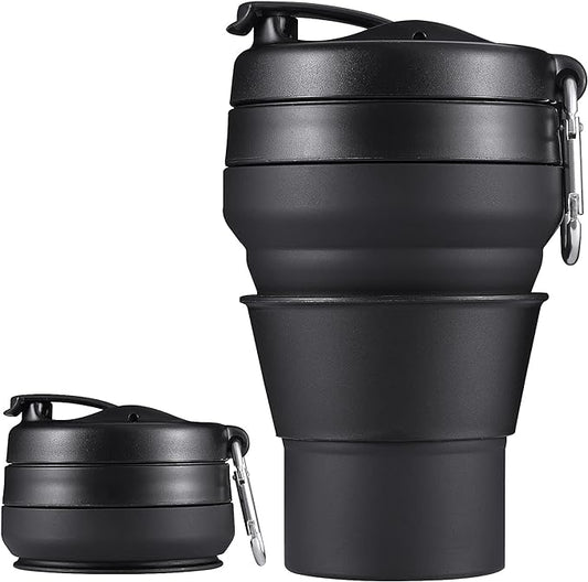 Collapsible Travel Cup, 20 OZ 600ml Silicone Folding Camping Cup, Leak Proof BPA Free Portable Cup, Sport Bottle with Lids for hiking (Black)