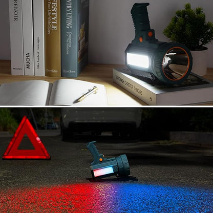 YIERBLUE Solar Power & Rechargeable Spotlight Flashlight, 1000,000 High Lumen Outdoor Handheld Spot Light and Flood Side Light, with Foldable Stand and 3 Colors Lenses for Boating Hunting and Camping
