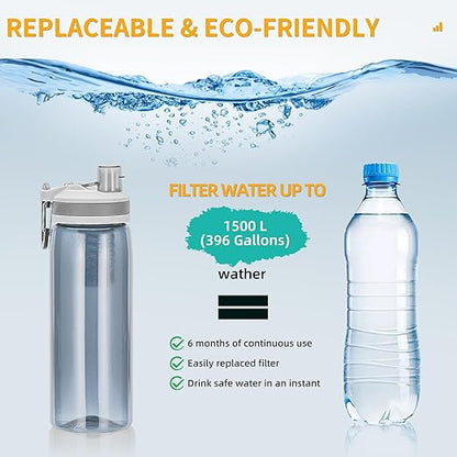 Filtered Water Bottle,Camping Water Purifier Bottle,Portable Press Water Bottle with Filter for Hiking,Travel,Survival,Backpacking, Drinking, Emergency-Gray