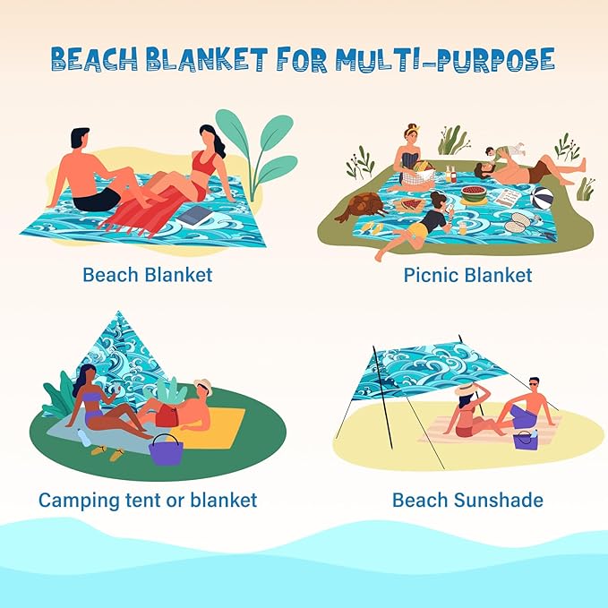 Beach Blanket Waterproof Sandproof 1-7 Adult Oversized 78 '' × 110 '' Lightweight Durable Compact Sand Free Beach Mat for Travel Camping Hiking Picnic Blanket Extra Large